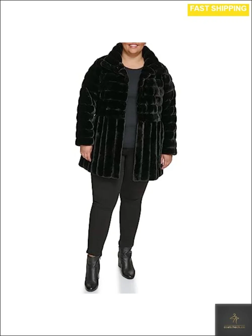 Faux Fur Jacket Stand Collar Mixed Grooved Vertical Horizontal Panels